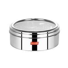 Stainless Steel Round Masala (Spice) Box/Organiser with See Through Lid With 7 Containers and Small Spoon Size 11 (1.5Ltr) (18.5cm)