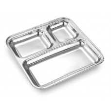 Heavy Duty Stainless Steel Square Big Dinner Plate with 3 Sections Divided Mess Trays for Kids Lunch, Camping, Events & Every Day Use Kitchenware, Set of 1 Pcs