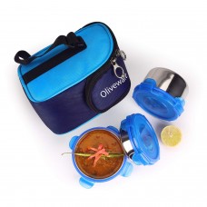 Oliveware Macho Lunch Box | Stainless Steel Range+Blue | Leak Proof | 3 Air-Tight Containers with Bag | Keep Food Hot | School, College & Office Use