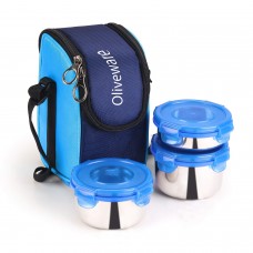 Oliveware Macho Lunch Box | Stainless Steel Range+Blue | Leak Proof | 3 Air-Tight Containers with Bag | Keep Food Hot | School, College & Office Use