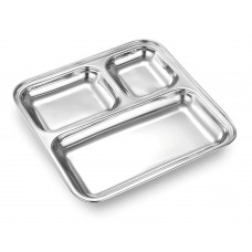 Stainless Steel Square Dish for Lunch-Dinner Especially for Pav bhaji (Heavy Guage) | Silver | Partition Plate/ 3 Compartment/Sections Divided Mess Trays for Kids Lunch, Camping, Events (6)