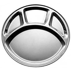 Stainless Steel Round Dish for Lunch-Dinner Especially for Pav bhaji (Heavy Guage) | 29.5**2.2CM | Partition Plate/ 4 Compartment/Sections Divided Mess Trays for Kids Lunch,Camping, Event (4)