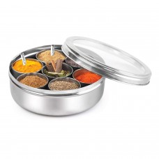 Stainless Steel Masala Dabba/Spice Box with See Through Lid, 7 Containers and 1 Small Spoon,