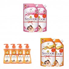 Santoor Hand Wash Mild 750ml (pack of 2) & Classic Handwash- 200ml (Pack of 4) & Classic Gentle Handwash with Sandalwood and Tulsi for Bacteria and Germ Protection, 750ml, Pack of 2