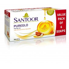 Santoor PureGlo Glycerine Bath Soap with Almond Oil for Moisturized, Nourished and Shining Skin, 125g (Pack of 6)