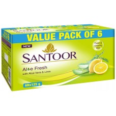 Santoor Aloe Fresh Soap, 125g (Pack of 6) with Aloe Vera and Lime